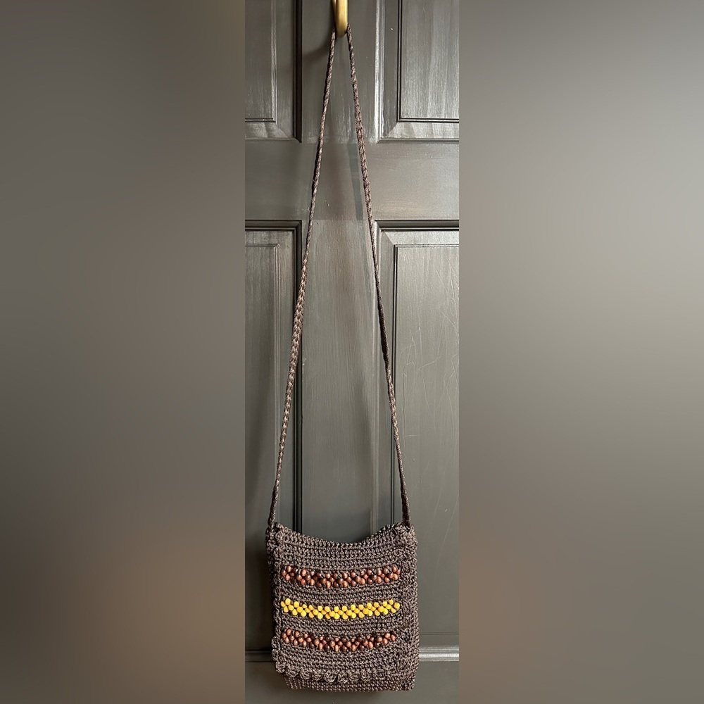 Vintage Crocheted Brown Small Crossbody Bag Fold Over Flap With Wood Bead Accent